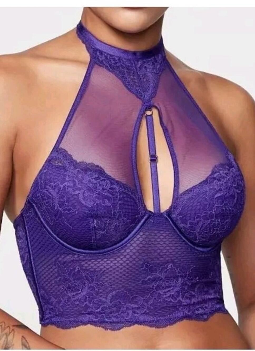 VICTORIAS SECRET Dark Purple Fishnet Lace Corset High Neck Bra Size Medium NWT